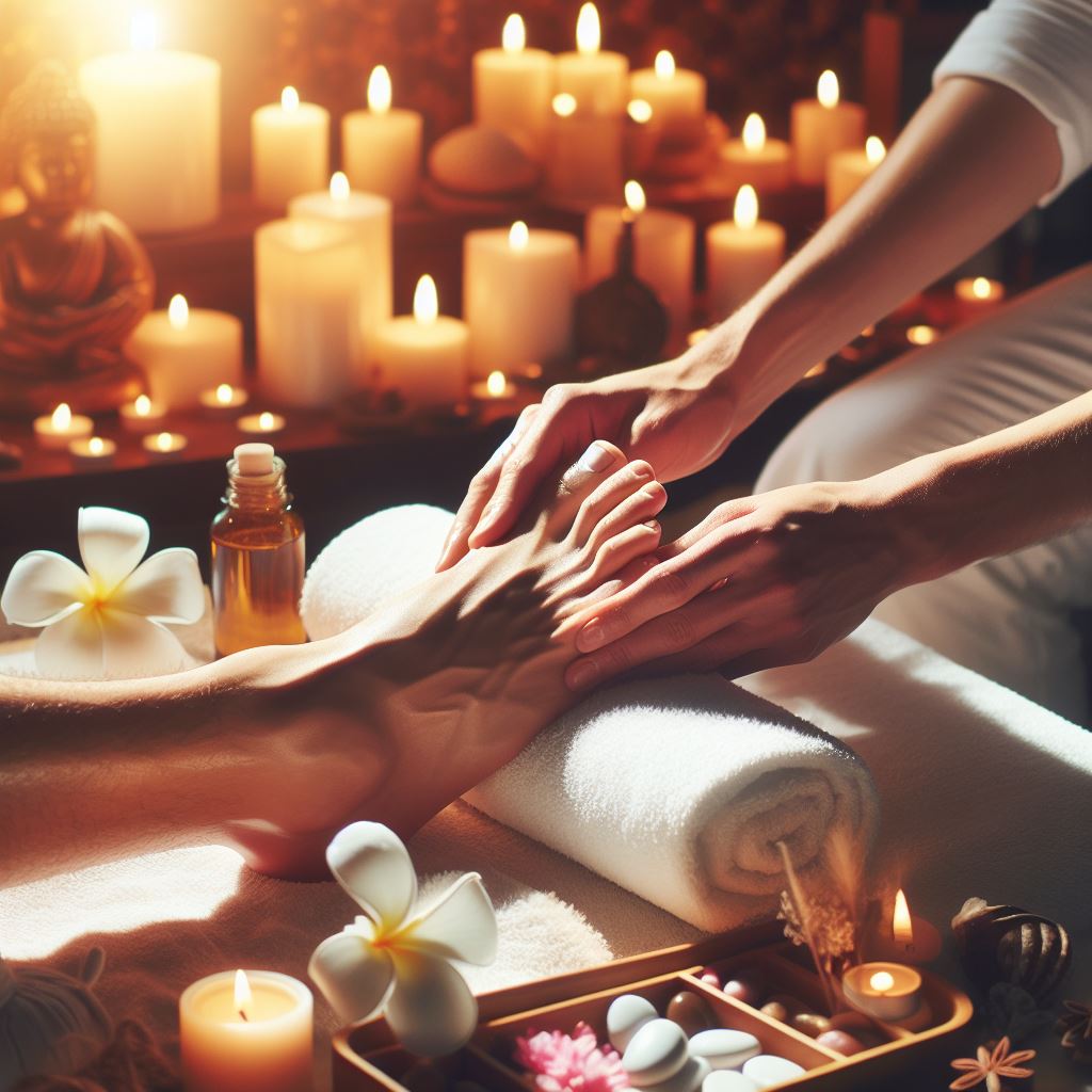 Luxurious spa scene with soft lighting and a person receiving a pampering foot massage