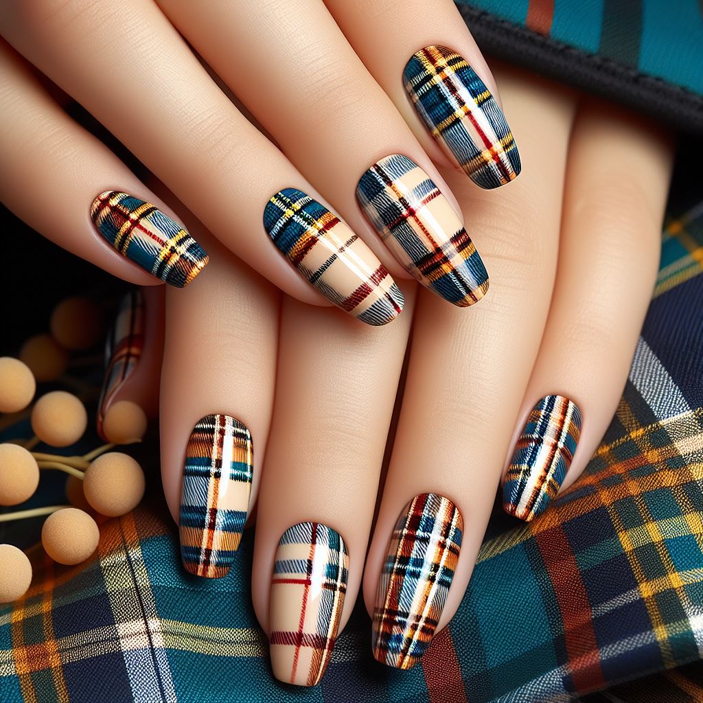 Madras Checks Nail Art Retro-inspired plaid pattern on nails, achieved with thin brush strokes or striping tape