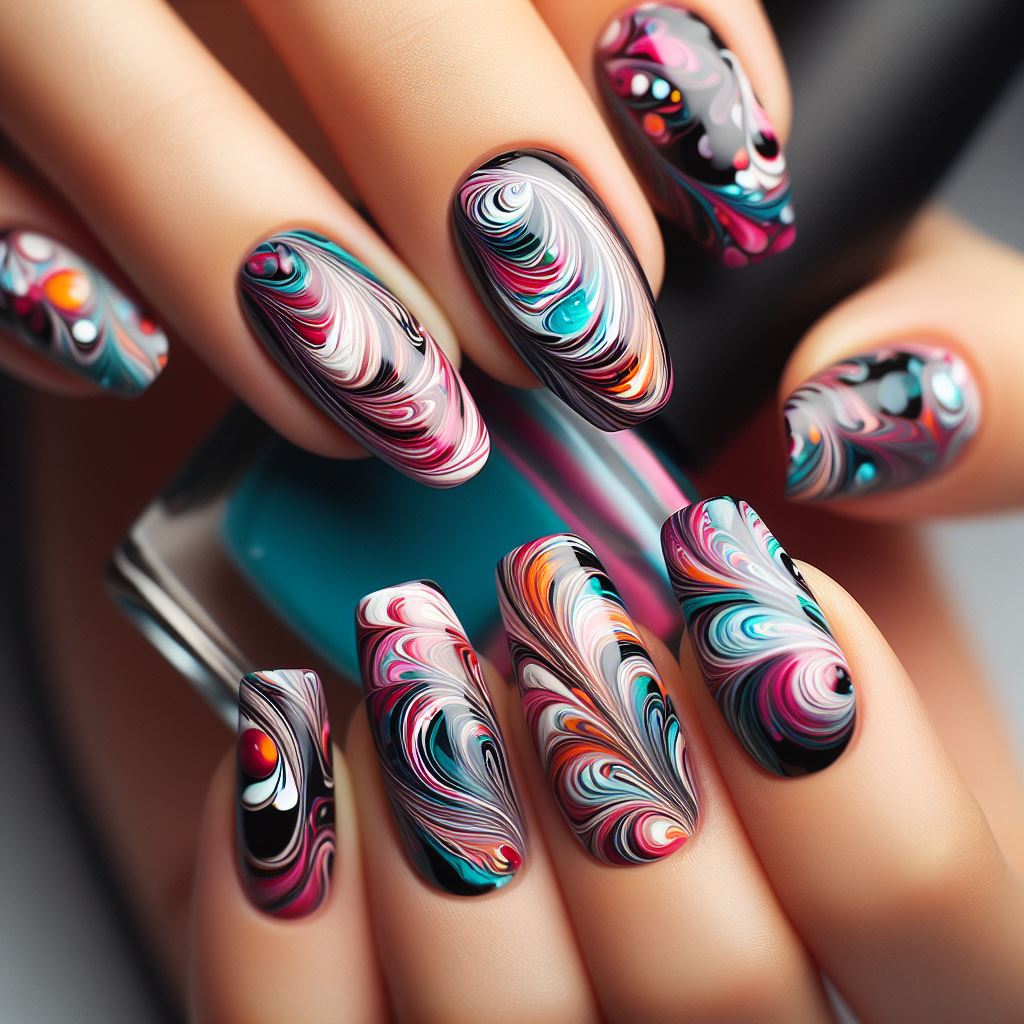 Marble Effect Nail Art A mesmerizing swirl of colors on nails, achieved using nail polishes and a toothpick