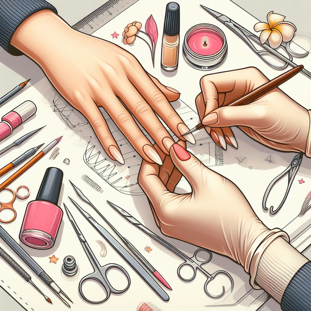 Mastering the Basics - Illustration showing the meticulous application of acrylic and nail tips, highlighting the key steps in achieving a solid foundation