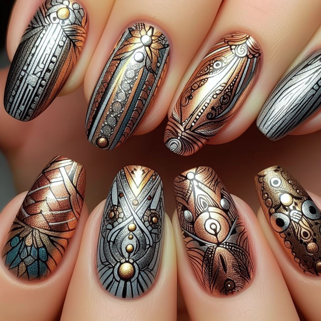 Metallic nail art featuring shiny metallic foils and glittery studs for a bold and edgy look