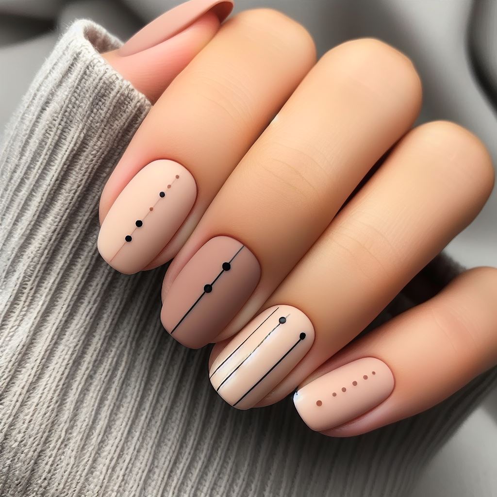 Minimalistic nail art designs featuring simple lines and dots on neutral-colored nails, exuding understated elegance