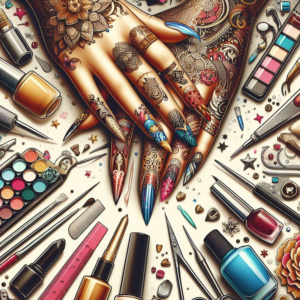 Nail Design and Decoration - An image displaying a spectrum of creatively designed nails, with tools like brushes and rhinestones symbolizing artistic freedom