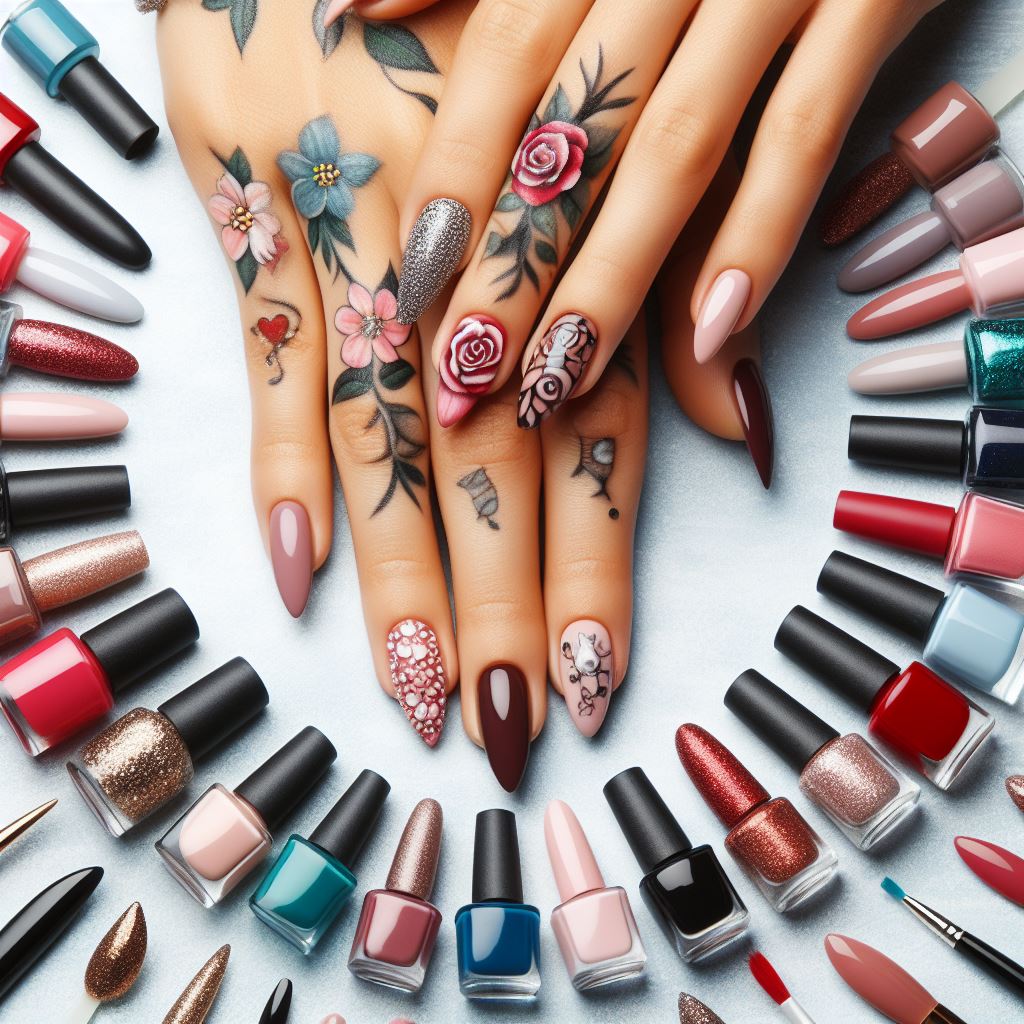 Nail art designs with various colors, finishes, and textures