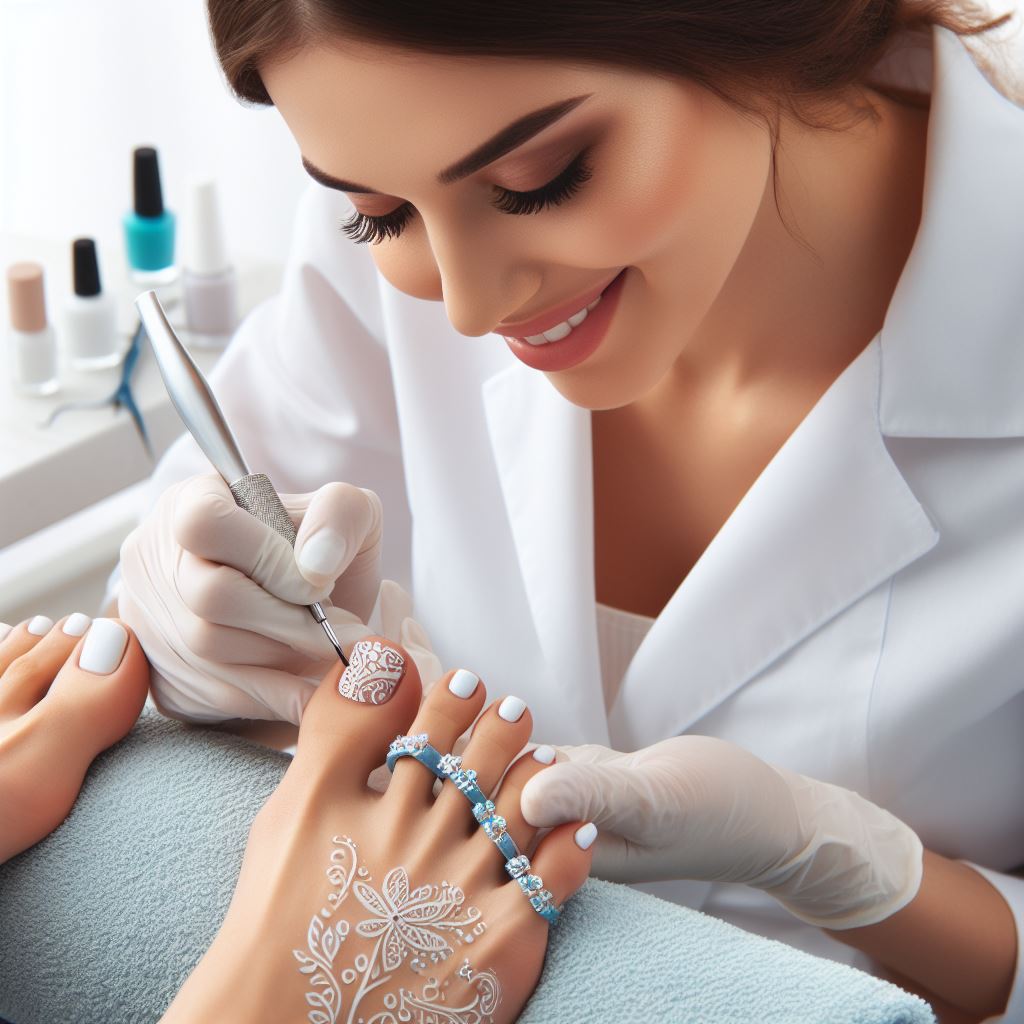 Nail artist doing pedicure design on a client