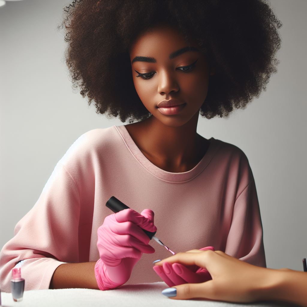 Nail technician performing nail art on a client, showcasing skill and precision