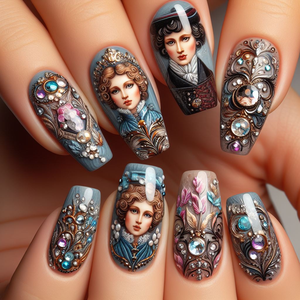 Nails adorned with detailed portrait and intricate nail art designs