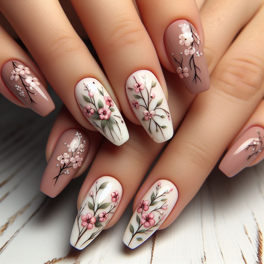 Nails adorned with intricate floral nail art designs