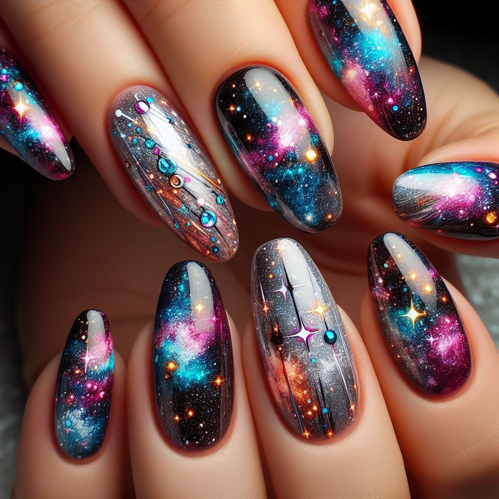 Nails adorned with mesmerizing galaxy nail art designs