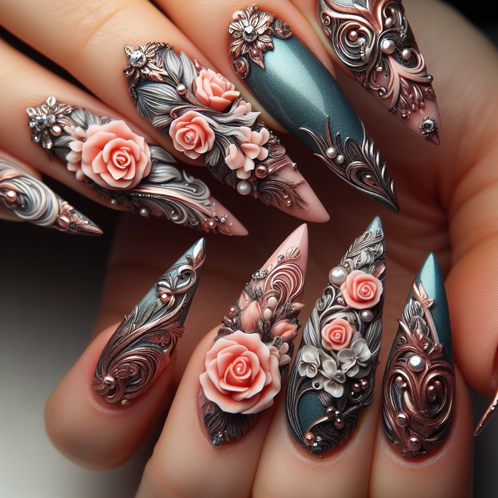 Nails adorned with stunning 3D nail art designs