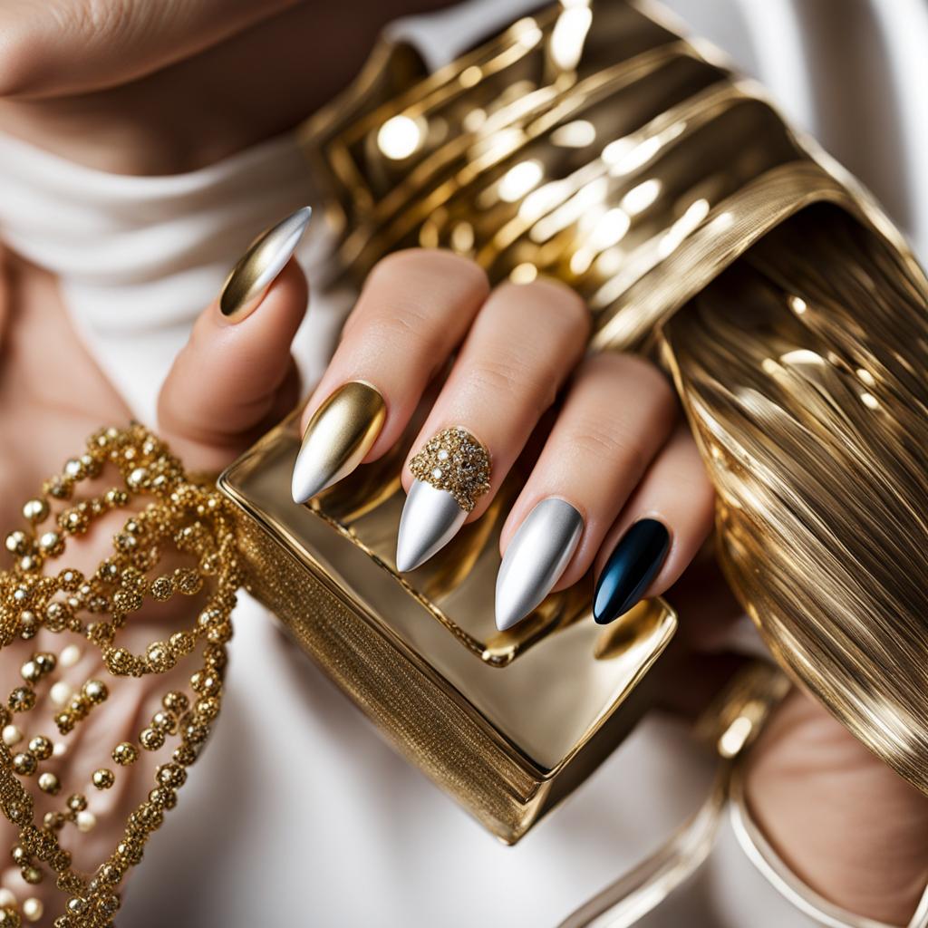 Nails display a color palette with bold metallic shades, like gold, silver, white, and deep hues