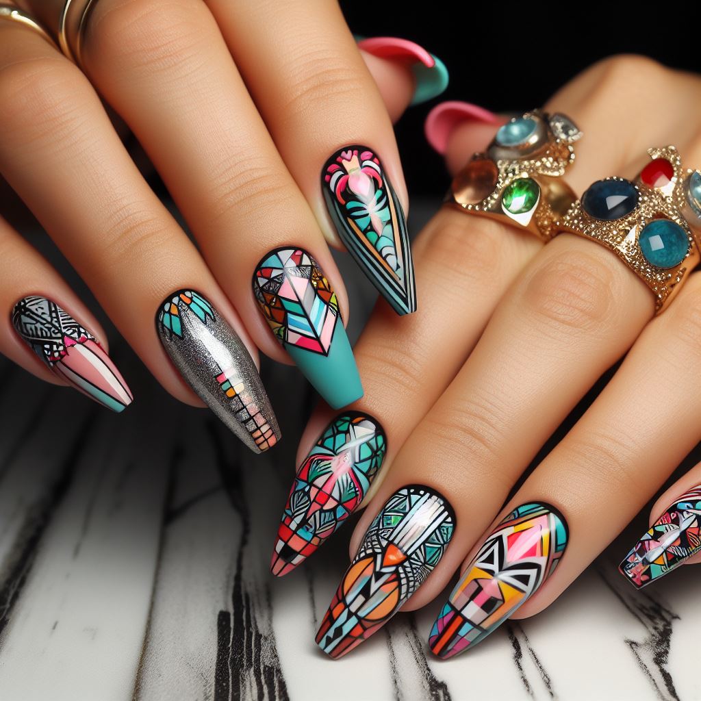 Nails showcasing bold colors, animal prints, and geometric patterns, making a statement