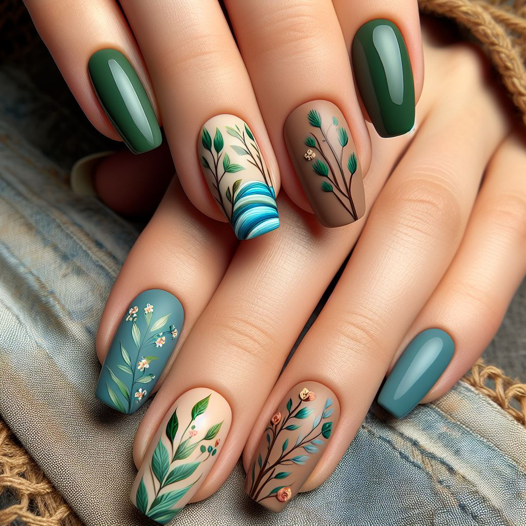 Nature-inspired nail art designs featuring floral patterns, leaves, vines, and animal prints for a calming and serene manicure