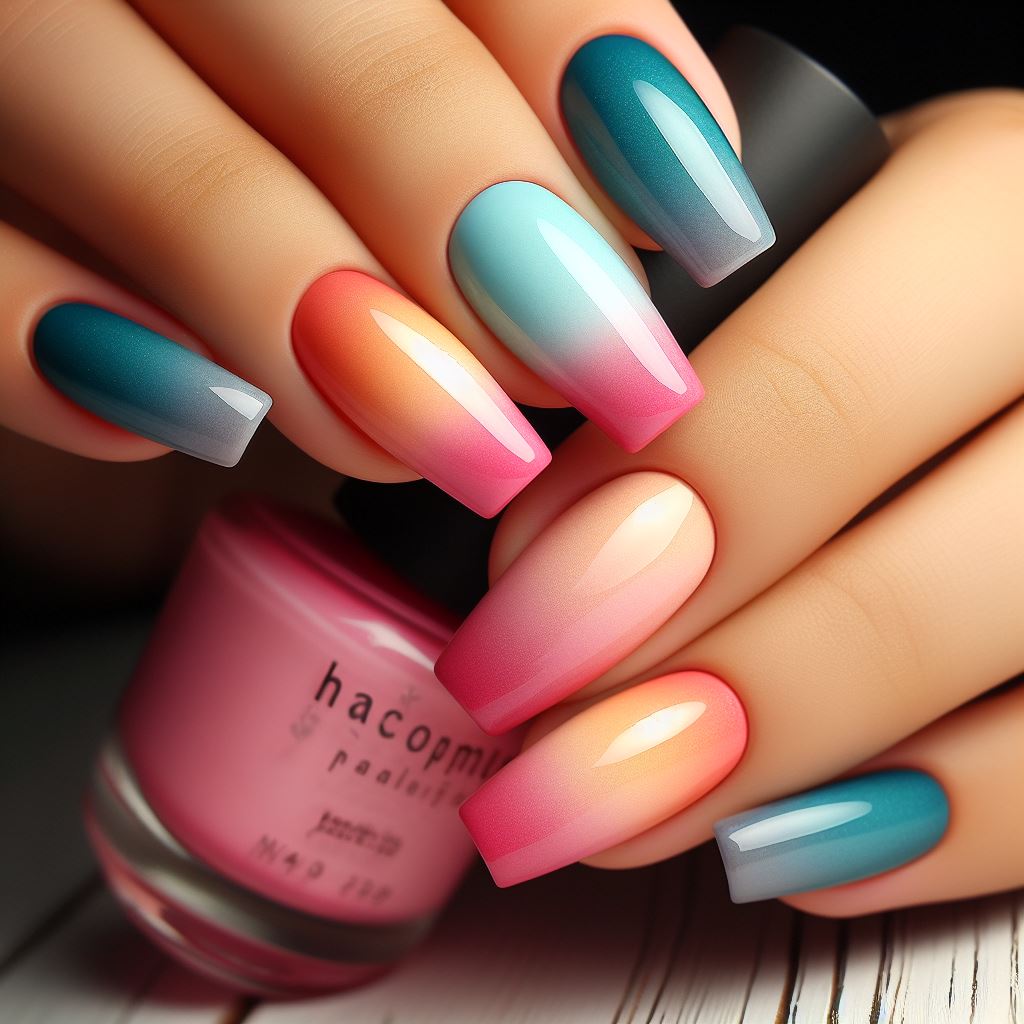 Ombre Nail Art A gradient transition of colors on nails, created using a sponge and two nail polish shades