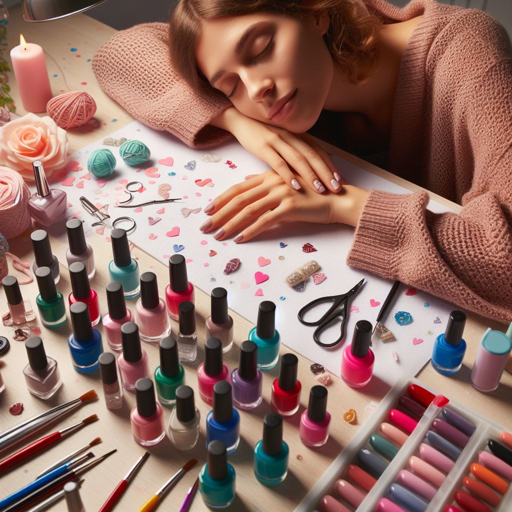 Person immersed in creating nail art surrounded by colorful nail polish bottles and tools