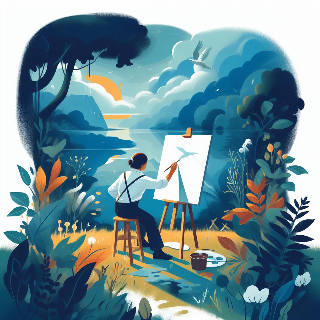 Person painting on a canvas surrounded by tranquil surroundings, representing the relaxing nature of art