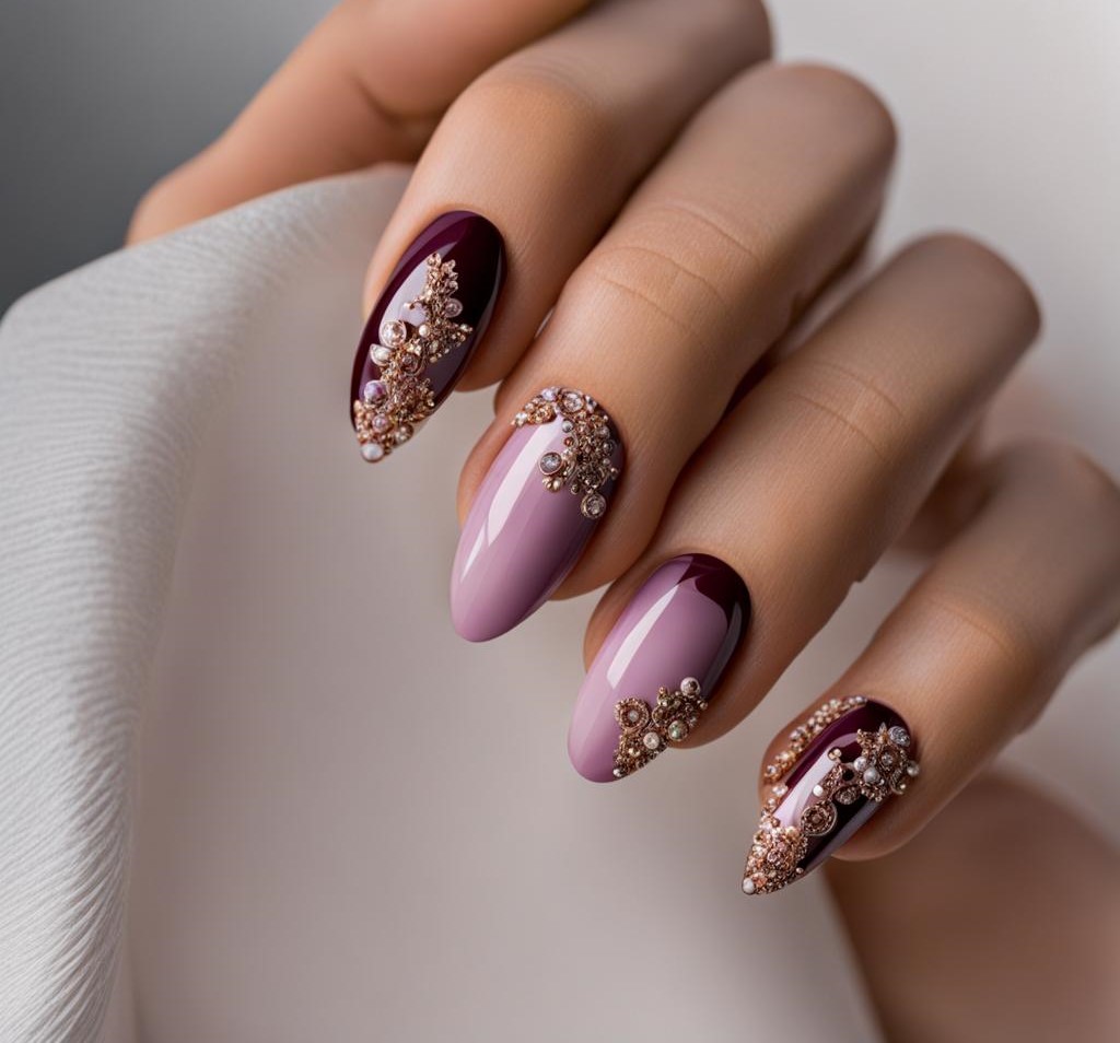 root%2FPink and dark red nail design with beautiful crystal art