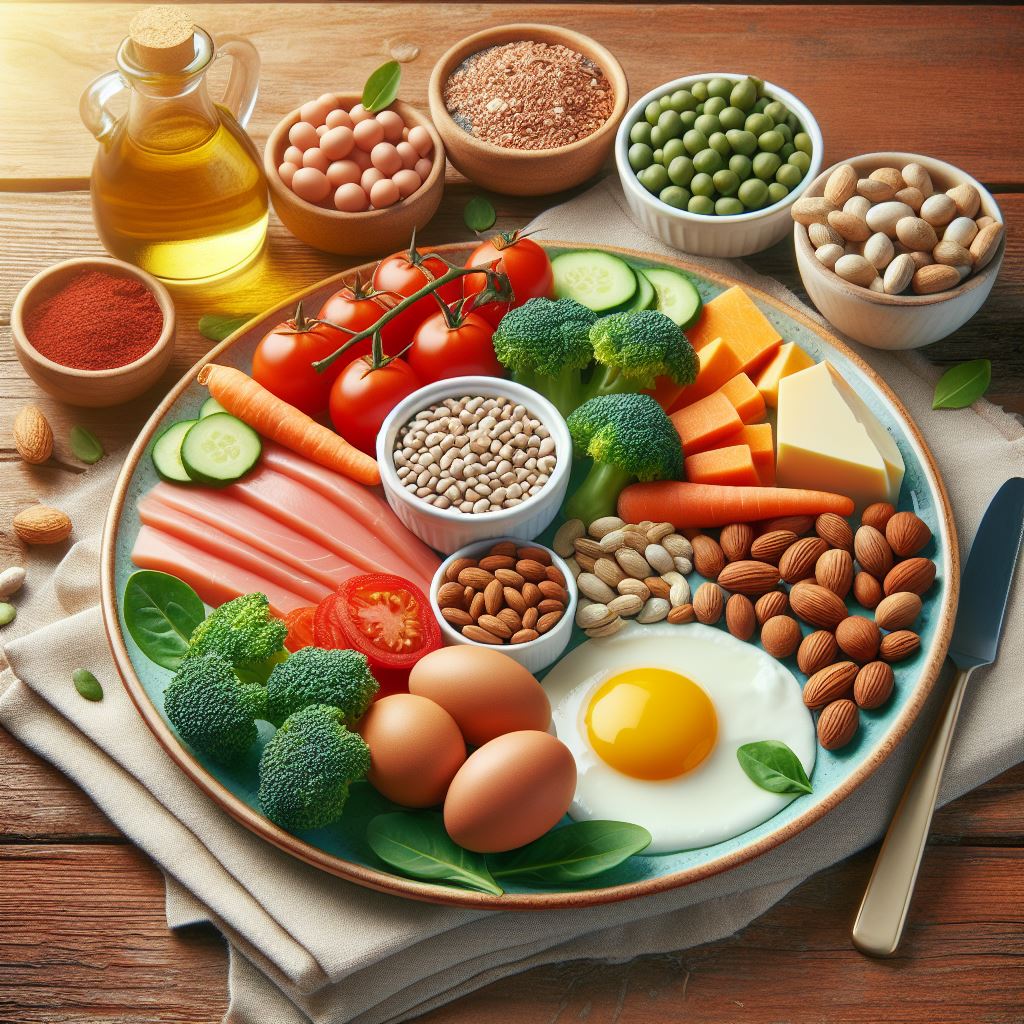 Plate of food rich in protein, biotin, and vitamins for healthy nails