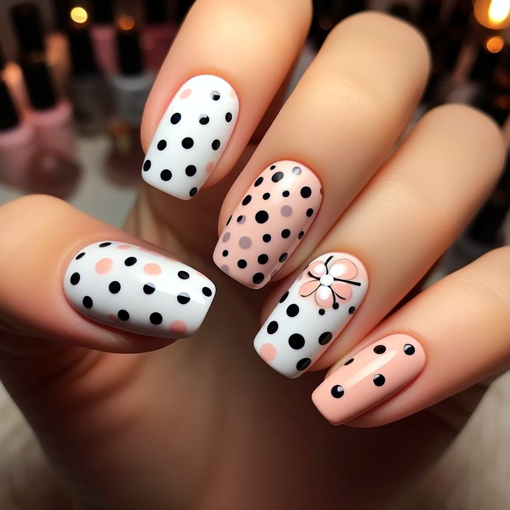 Polka Dots Nail Art Classic and charming nail design featuring polka dots, achieved with a dotting tool or toothpick