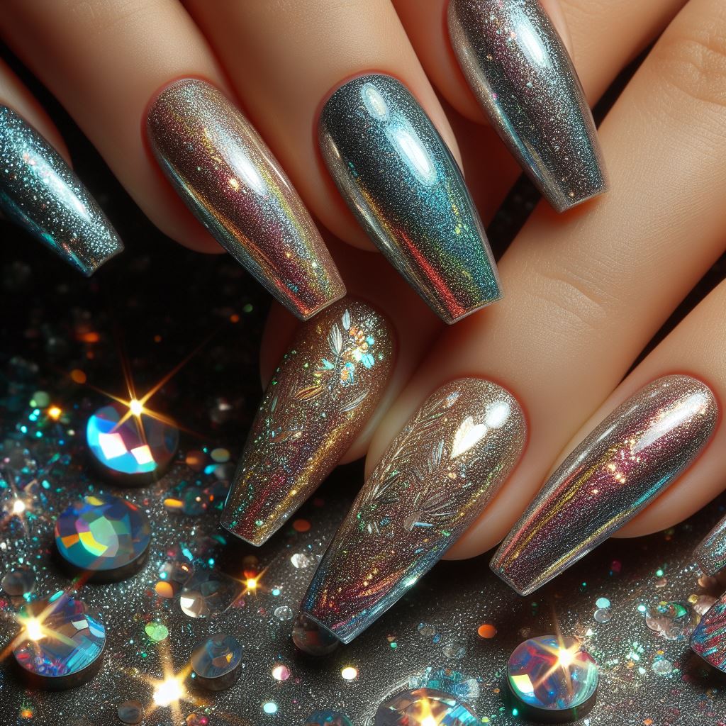 Shimmering metallic and holographic nail art designs reflecting light and color, adding glamour and sparkle to manicured nails