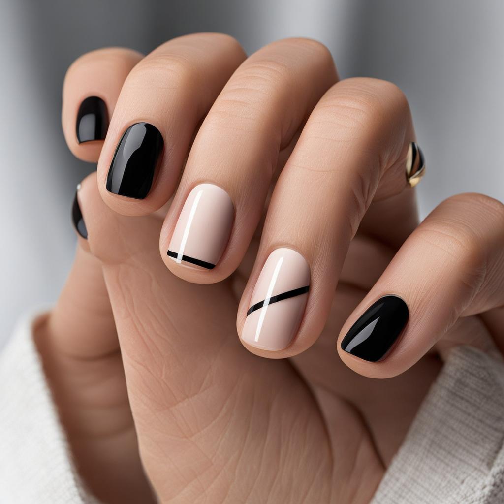 Short nails with a minimalist design, featuring diagonal stripes