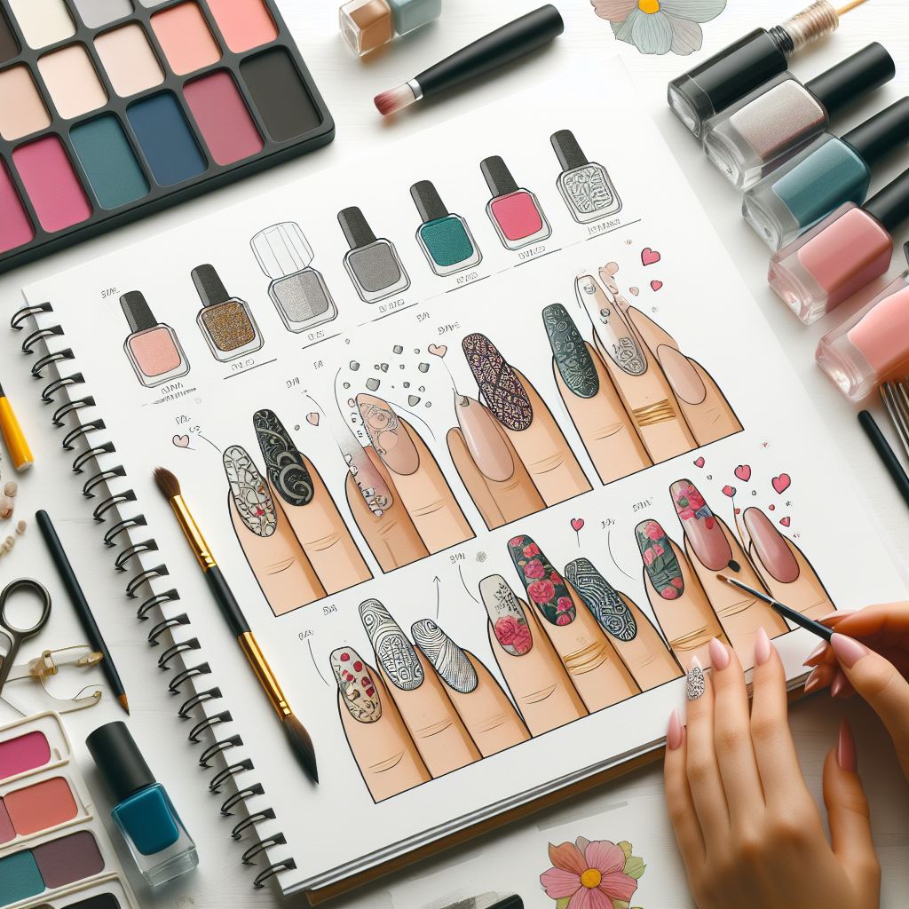 Step-by-step guide to creating a nail design including mood board creation, color palette selection, pattern selection, and application process