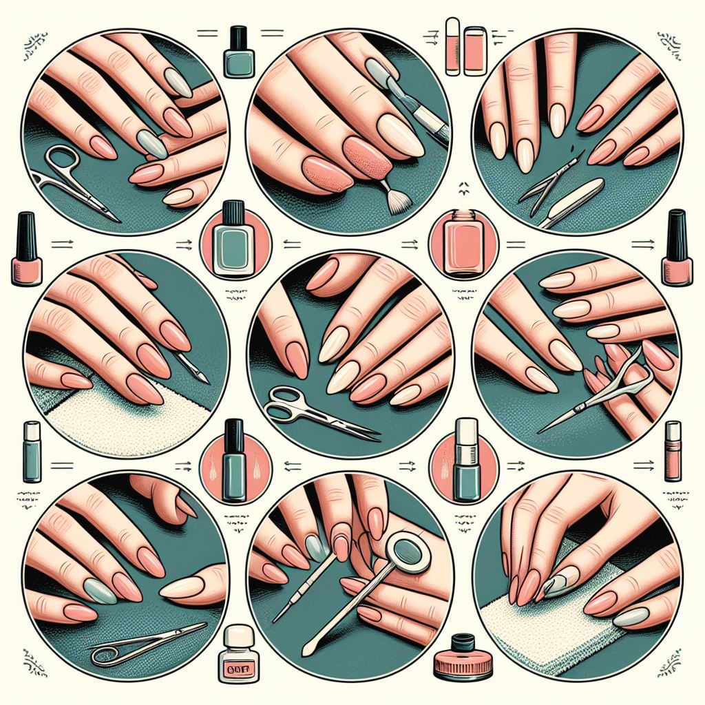 Step-by-step visual guide demonstrating nail cutting, shaping, cuticle management, and moisturizing