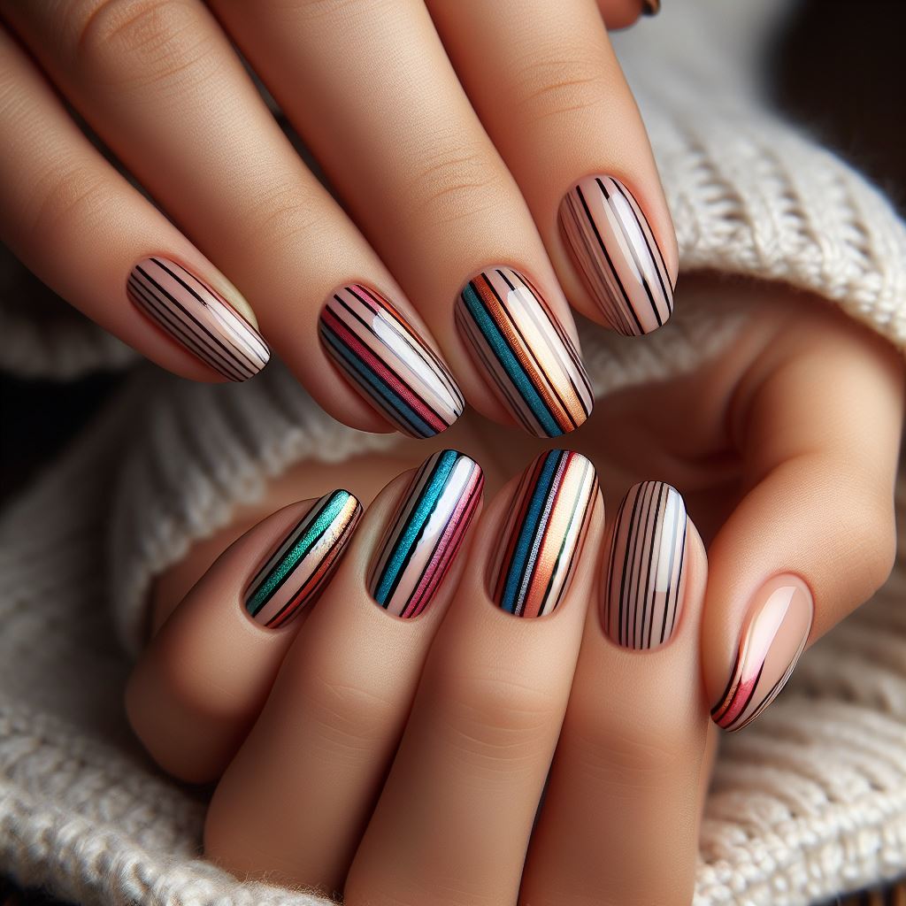 Striped french manicure with multicolored lines