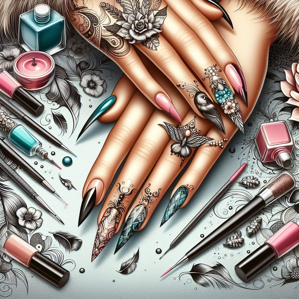 Stylish woman's hands with quick and gorgeous nail art designs, surrounded by nail art tools and polish bottles