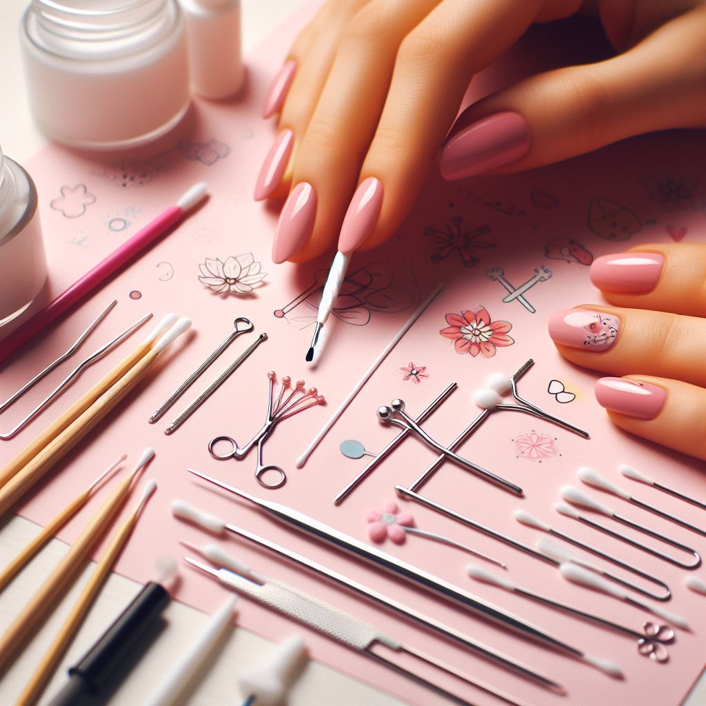 Tools for DIY nail art including nail polish, dotting tools, brushes, and top coat for professional-looking designs