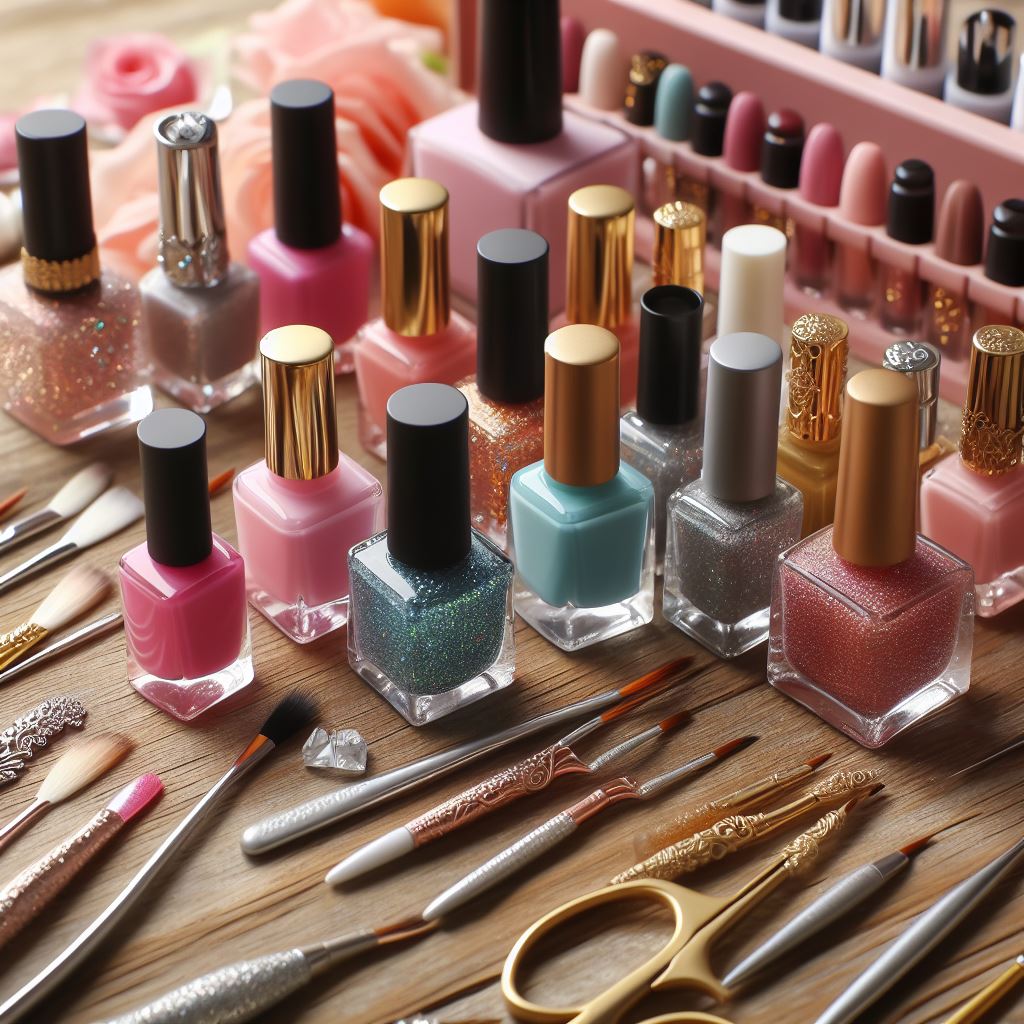 Various nail polish bottles and nail art tools displayed on a table