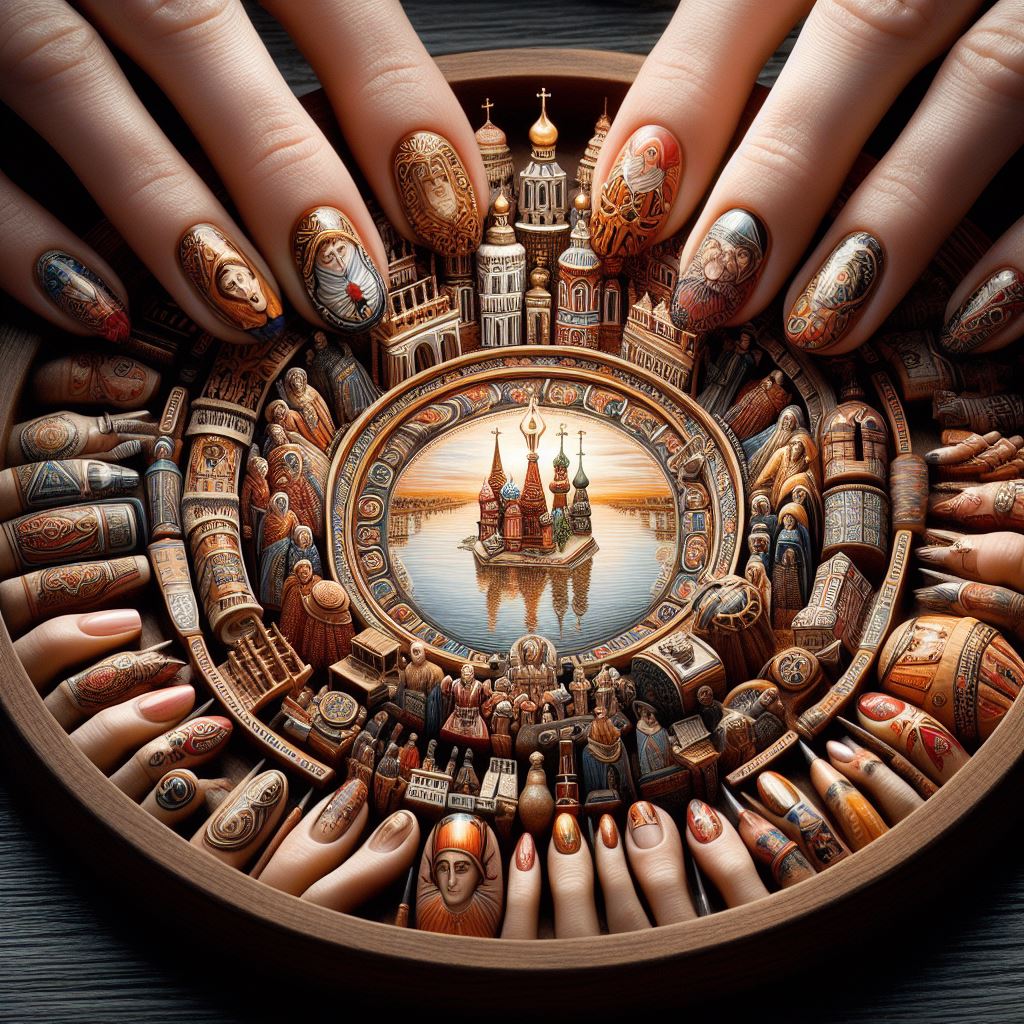 Vintage-inspired image depicting the evolution of Russian Manicure