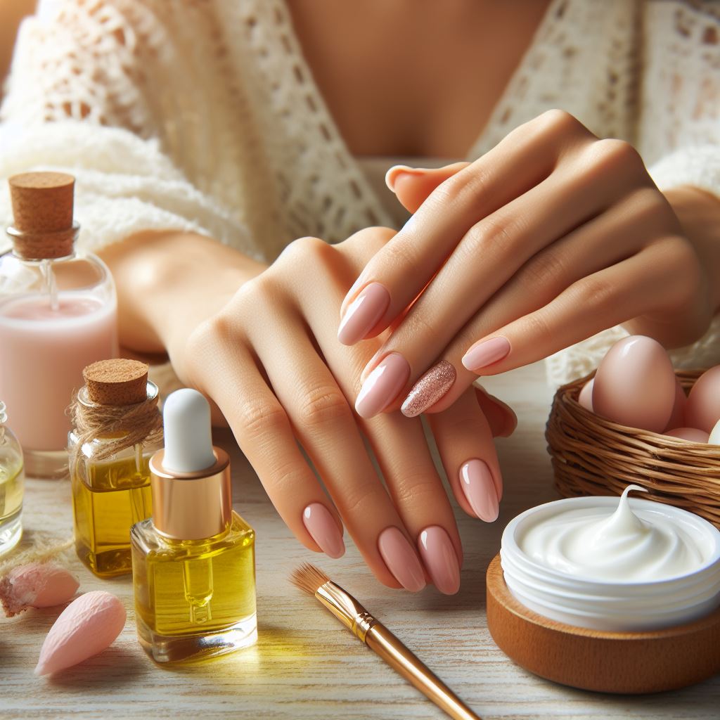 Woman applying cuticle oil to her nails and hands, with moisturizing cream and hydrating soak ingredients visible, emphasizing post-nail art nail care routine