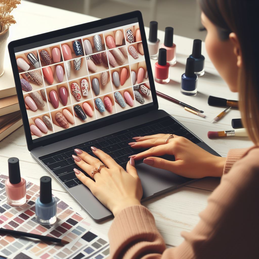 Woman considering different nail art designs for work, balancing personal style with professional norms