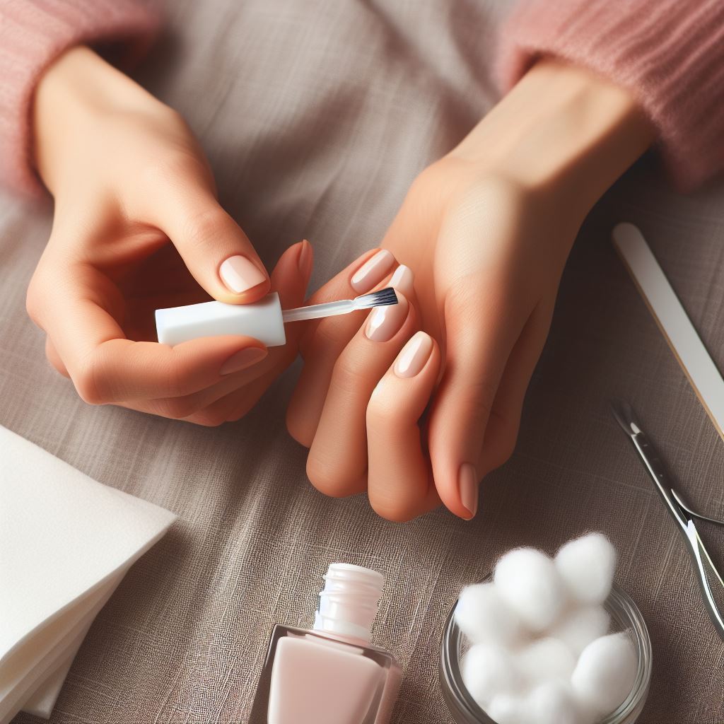 Woman gently filing her nails, with a bottle of nail polish remover and cotton balls nearby, highlighting the importance of nail care before nail art