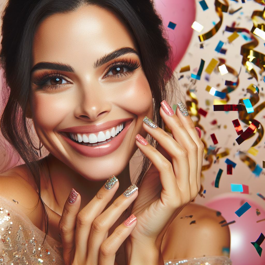 Woman with beautifully painted nails, smiling and confident, symbolizing the joy and empowerment of embracing nail art for self-expression