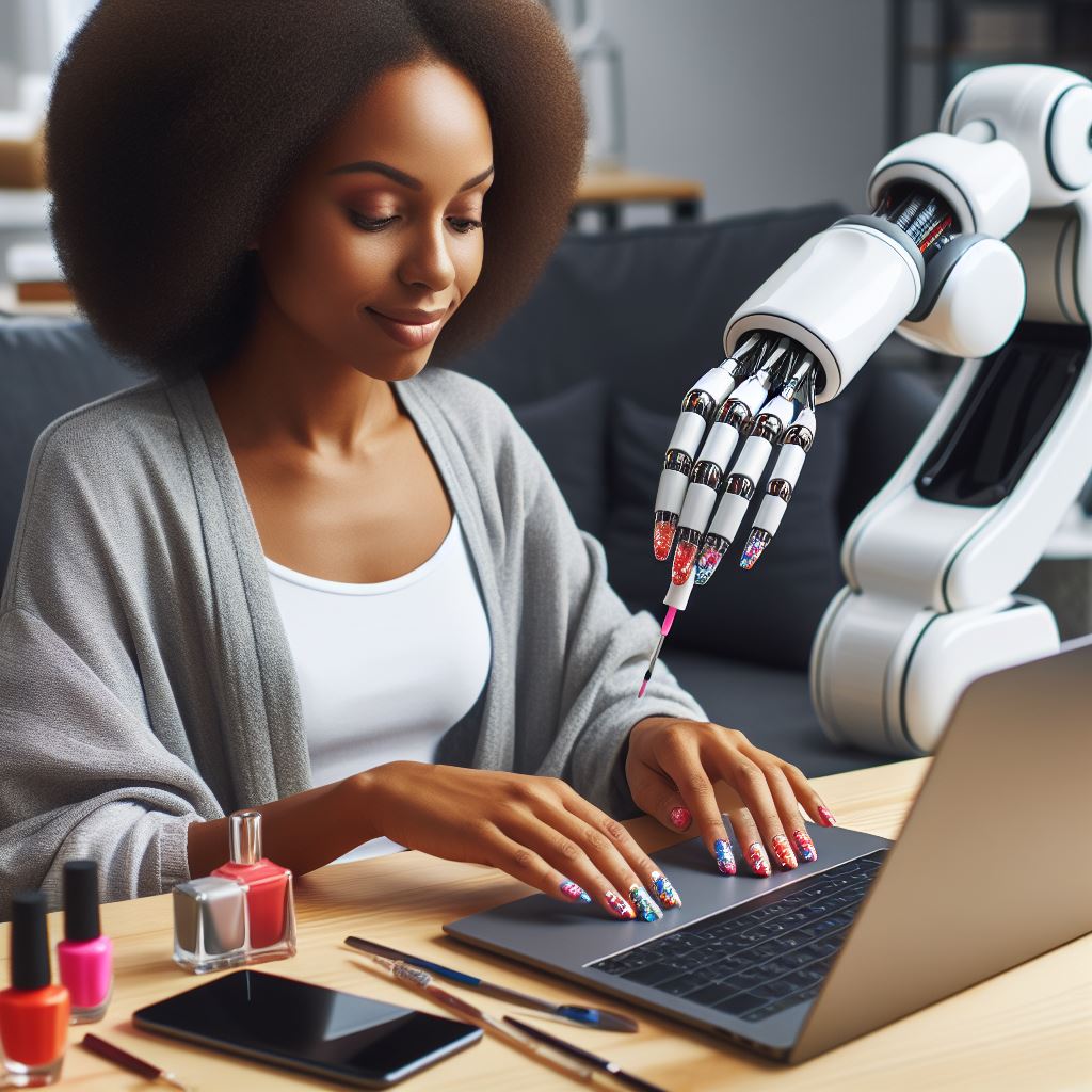 Young professional multitasking with laptop and manicure, balancing work and self-care
