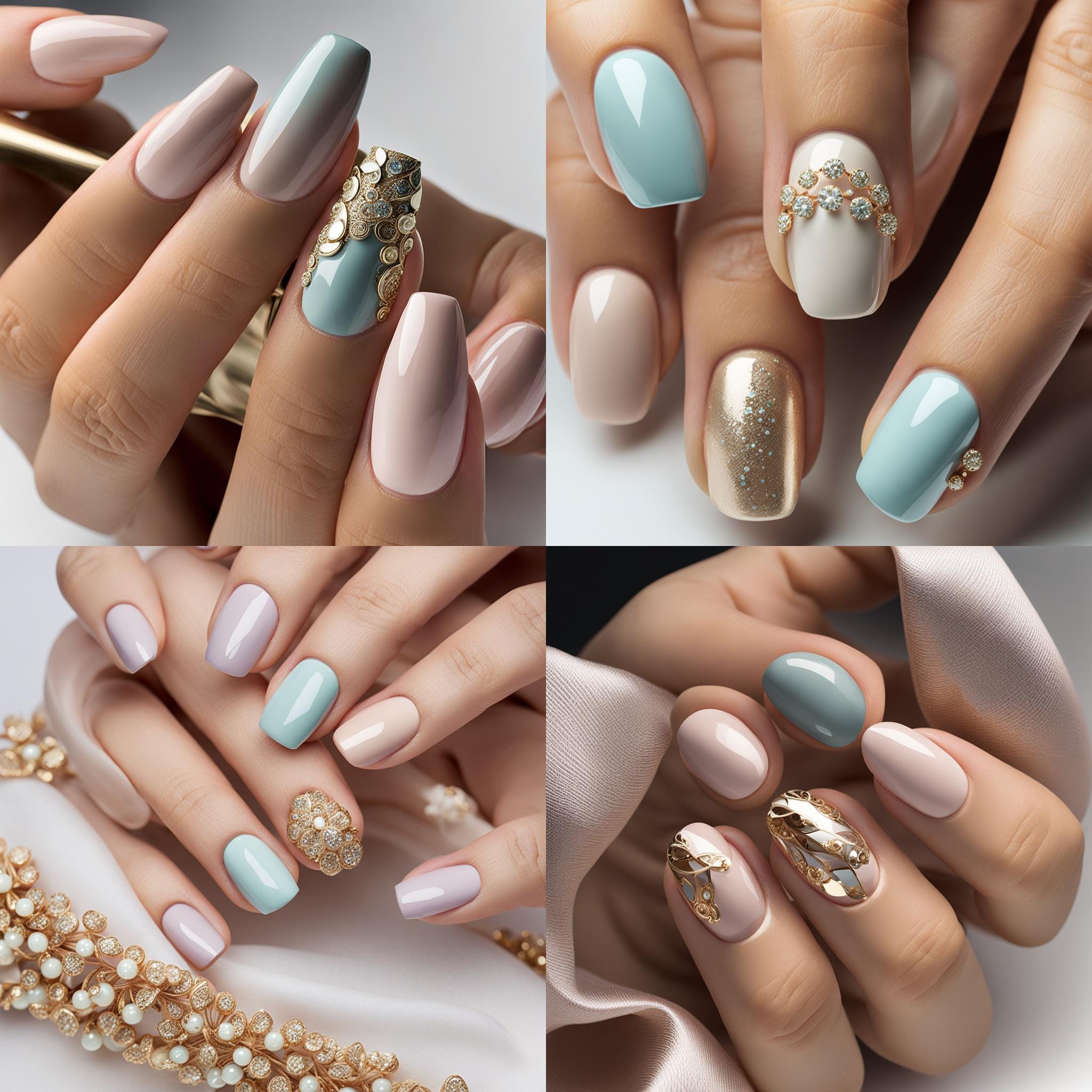 classic and elegant nail designs, including pale pastels, soft neutrals, metallic shades, and intricate patterns