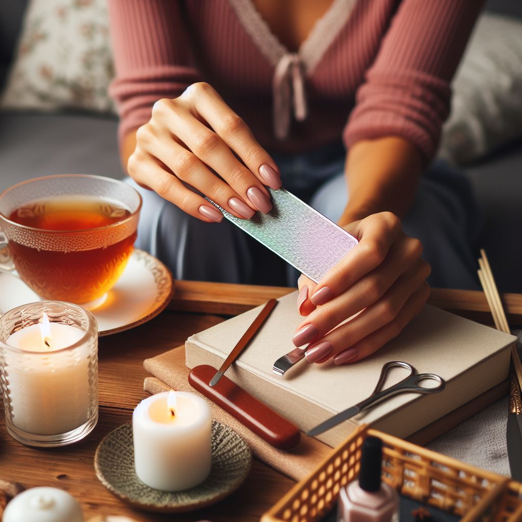 mindful manicure at home, featuring nail preparation, design selection, color application, and finishing touches