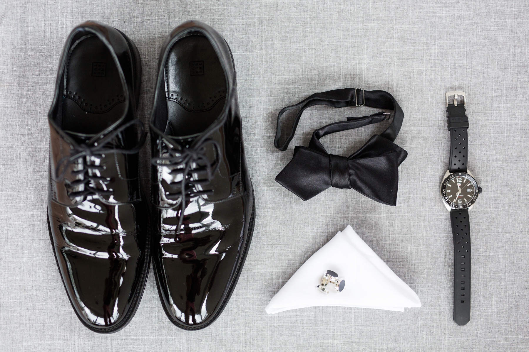 Black shoes, Bow, Cufflinks and Watch