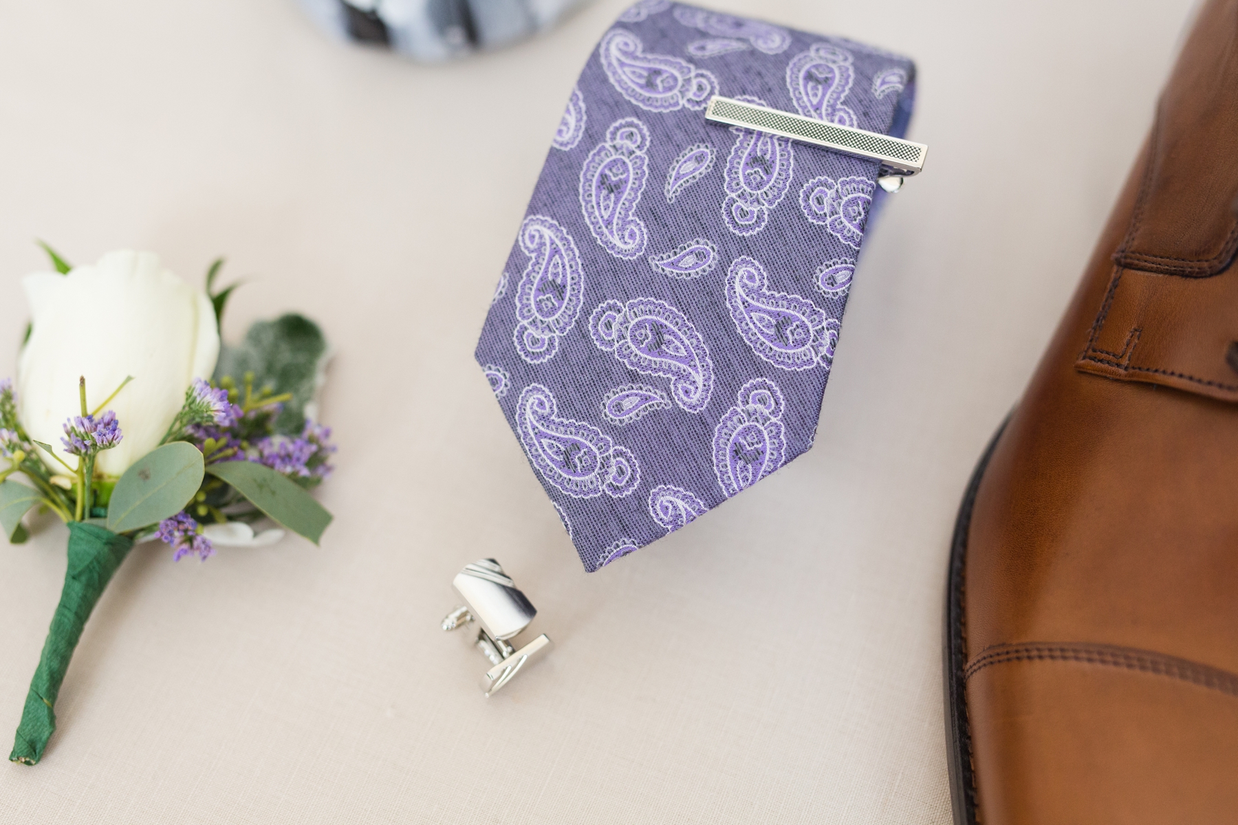 Purple Tie, Cufflinks and Brown Shoes