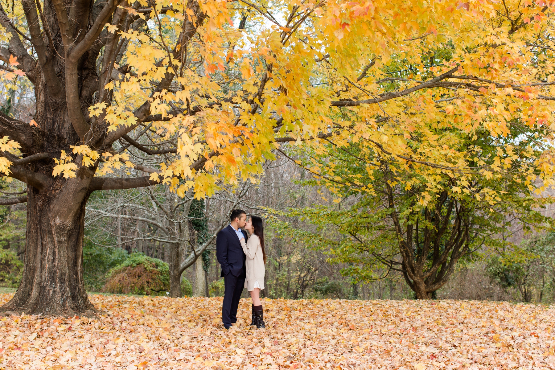 Stephanie and Naveed Standing on Autumn Leaves