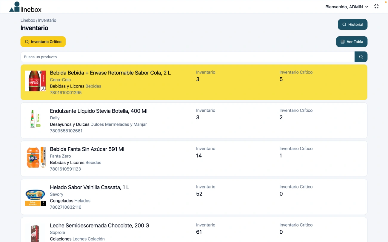 Screenshot de inventarios Linebox