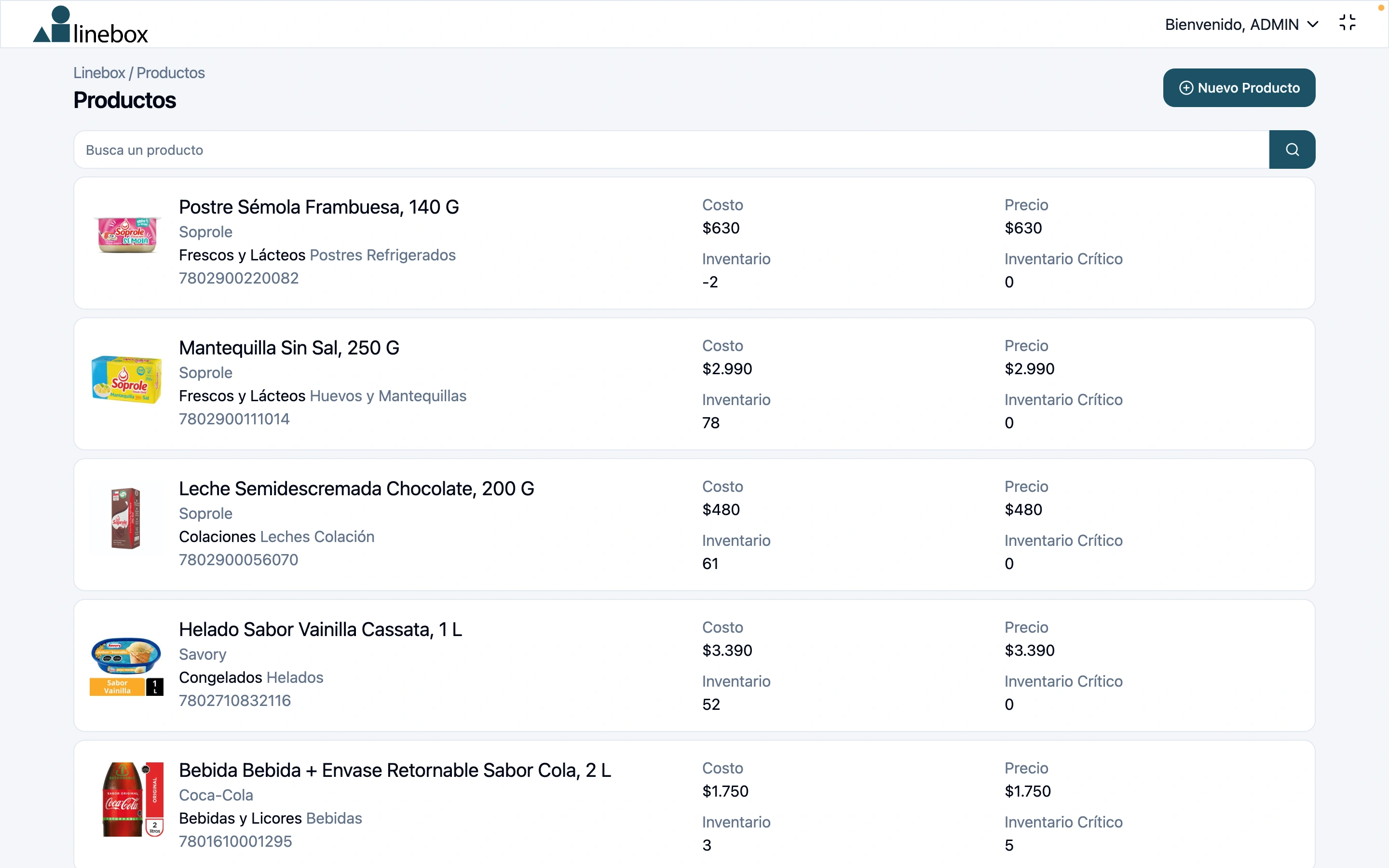 Screenshot de productos Linebox