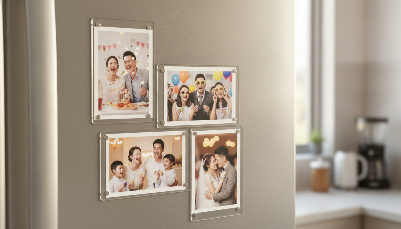 Acrylic magnetic photo frames arranged on a fridge door