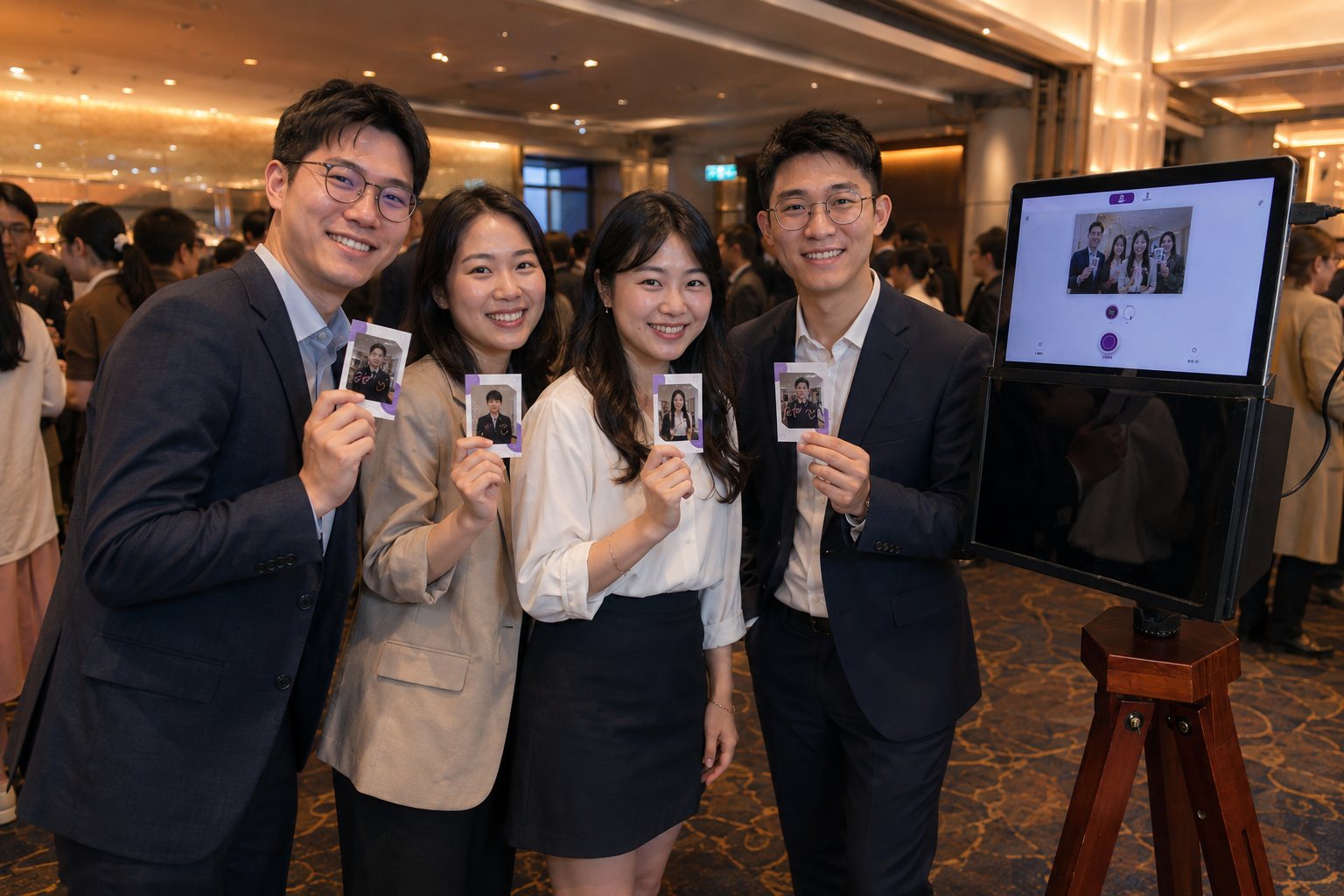 四位賓客手持列印完成的簽名照片合影