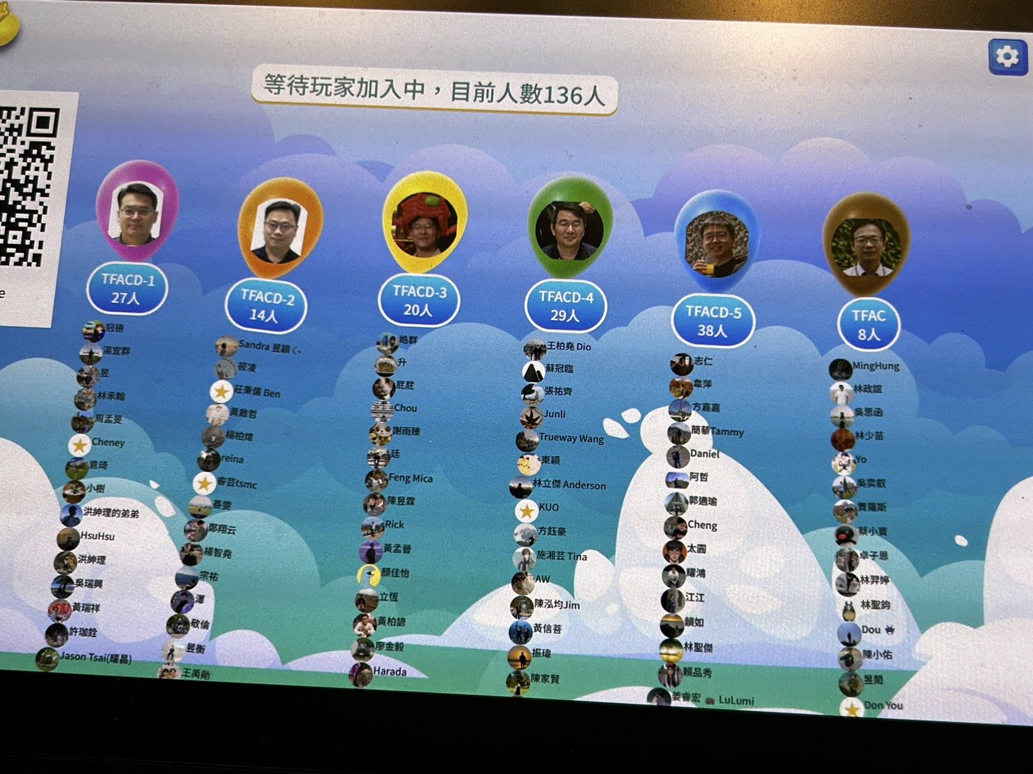 一飛衝天等待加入畫面(賓客頭像+氣球,目前人數 136 人)