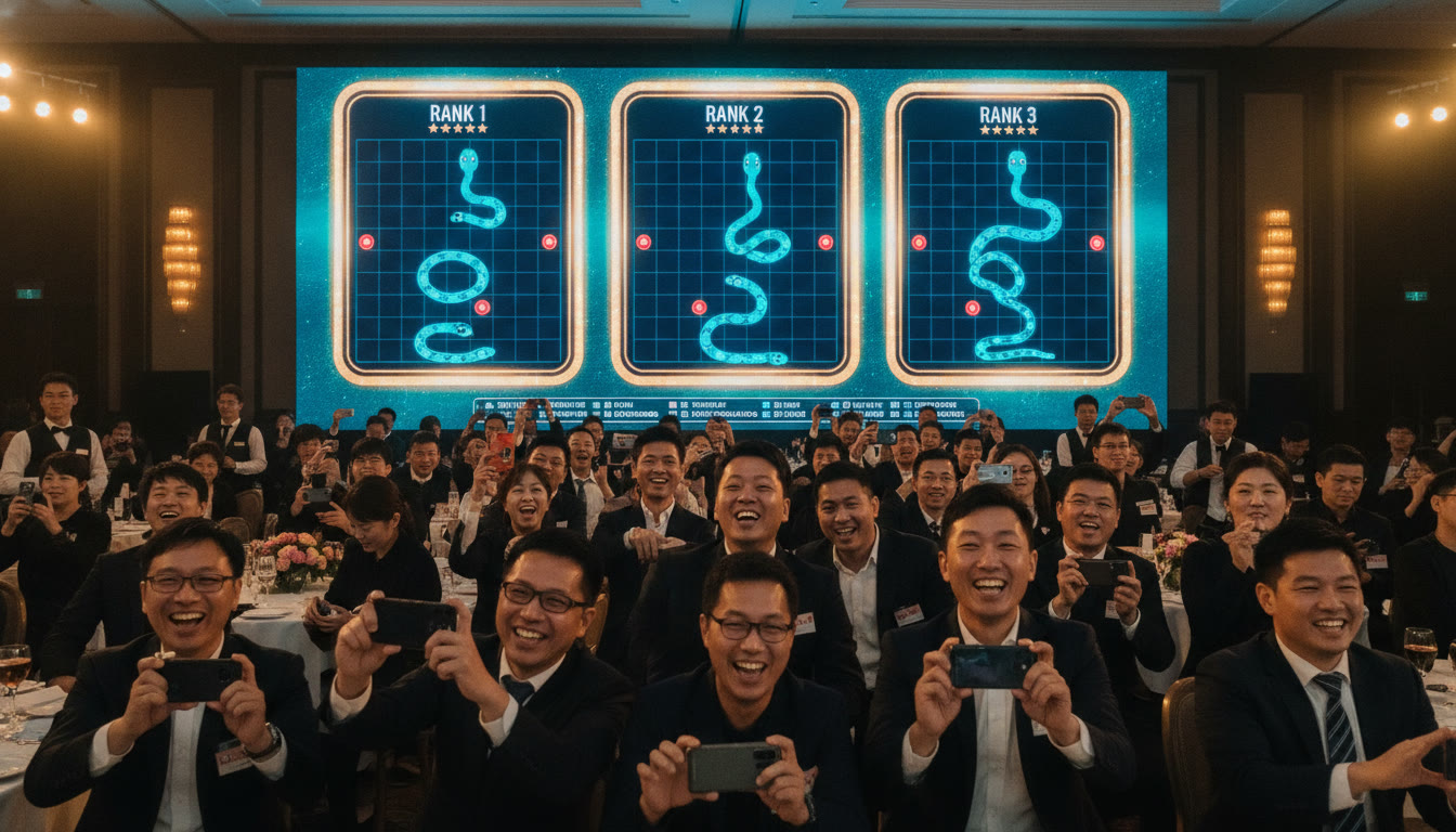 貪食蛇現場:大螢幕直播前三名玩家遊戲畫面,全場賓客手機遊玩