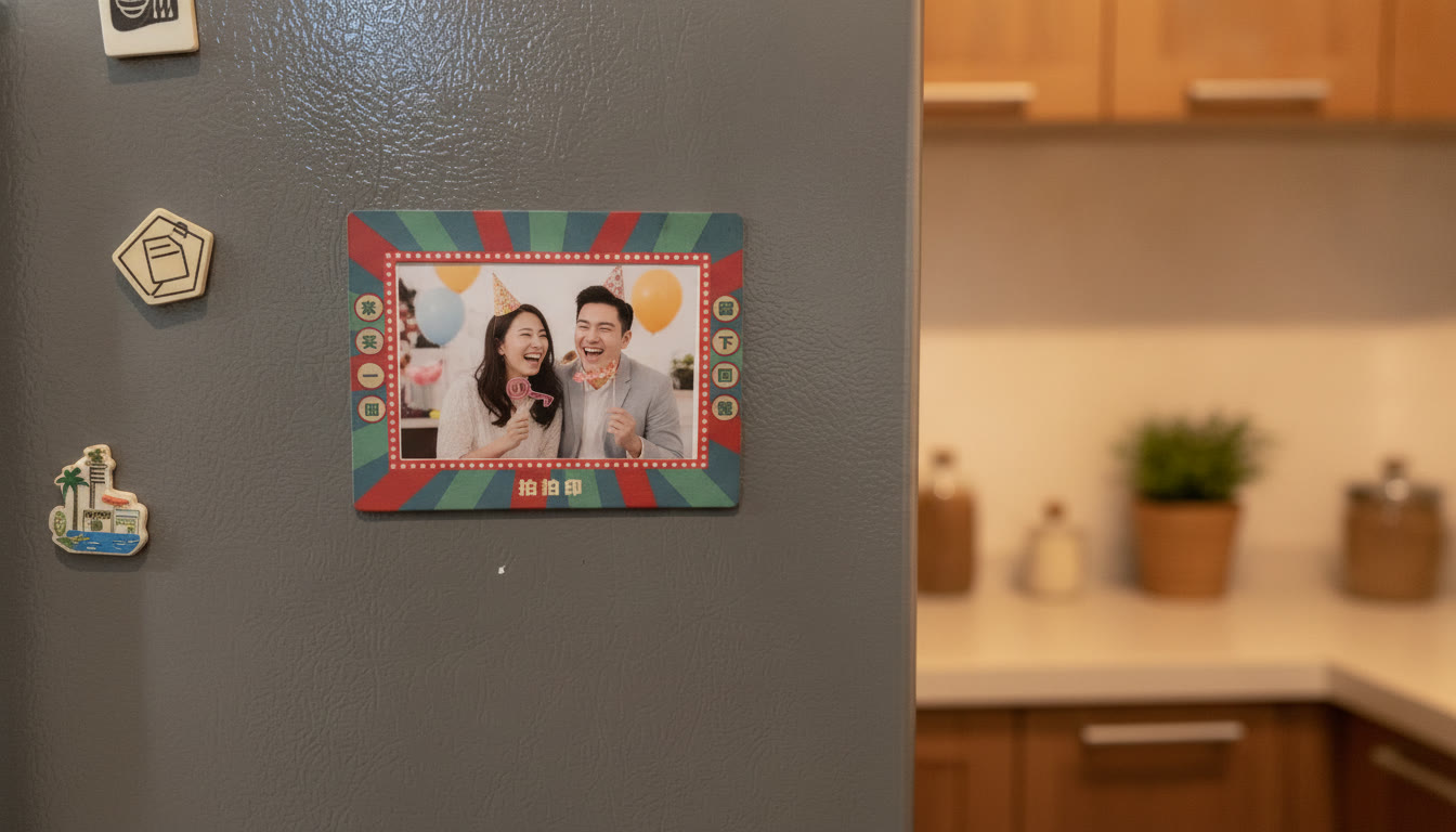 A custom magnet frame on a fridge door