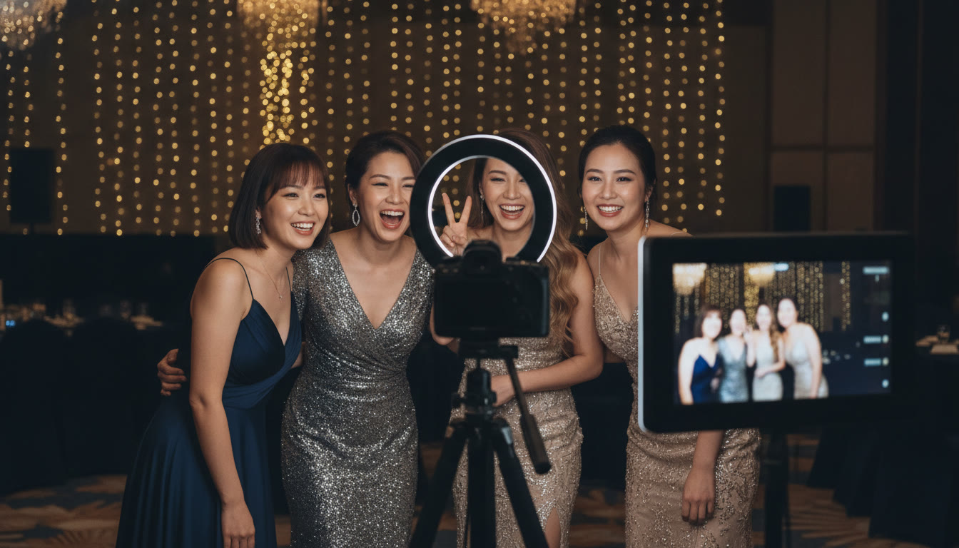 Guests pose happily at the event photo station for their motion card